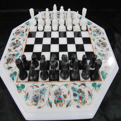 King Size 2 Inches Semi Precious Stone Inlay Work Coffee Table Top Octagonal Shape White Marble Game Playing Table with Luxurious Look 13 x 13 Inches