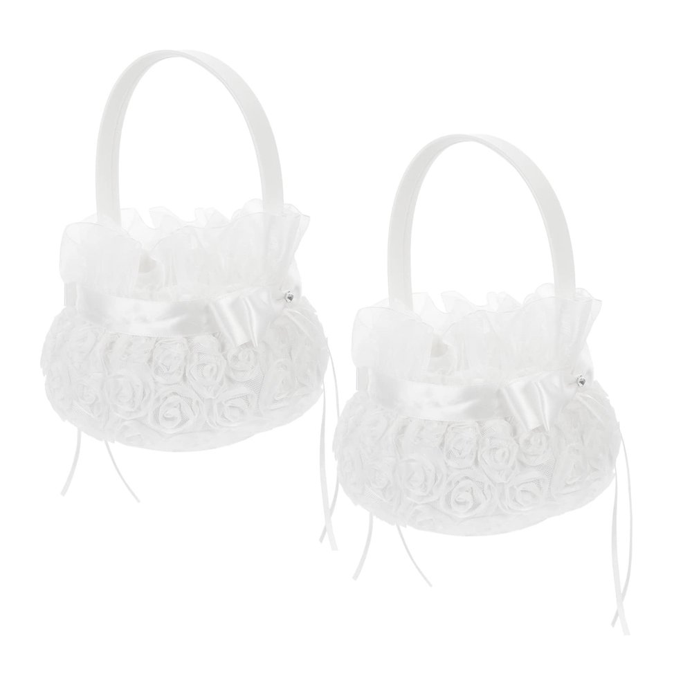 SHOWERORO Flower Girl Baskets for Wedding 2 Pack Rose Petal Baskets Handmade Embroidery