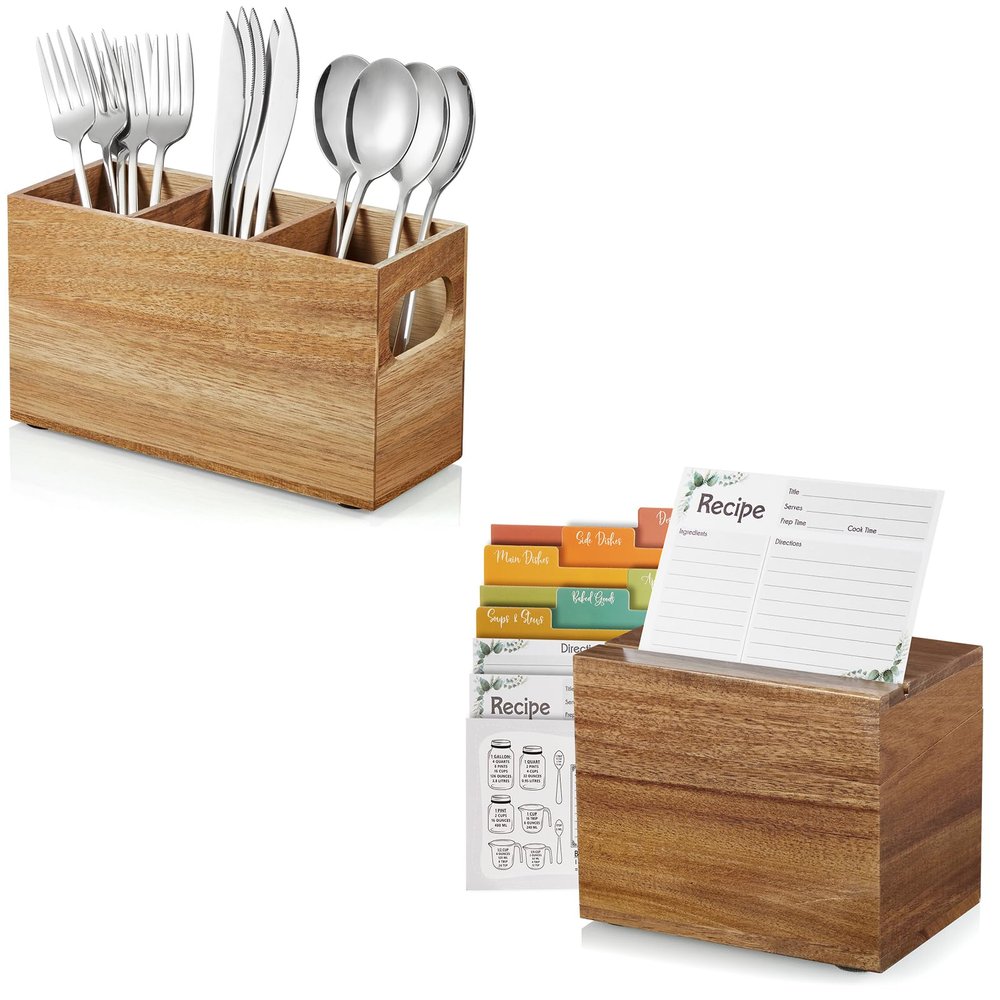 DRASTAR Recipe Card Box, Acacia Recipe Holder 4x6, Recipe Organizer with 50 Cards and 6 Dividers& Silverware Holder,Acacia Wooden Utensil Caddy