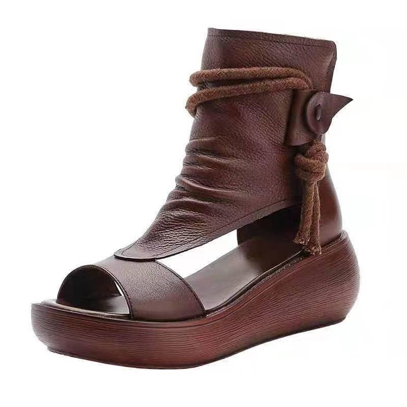 DDWRGD Women's Platform Outdoor Sandal Boots Wedge Bottom Fashion High Top Sandals Open Toe Boot Sandals for Women (Brown,6.5-7)