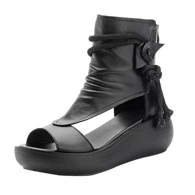 DDWRGD Women's Platform Outdoor Sandal Boots Wedge Bottom Fashion High Top Sandals Open Toe Boot Sandals for Women (Black,4.5)