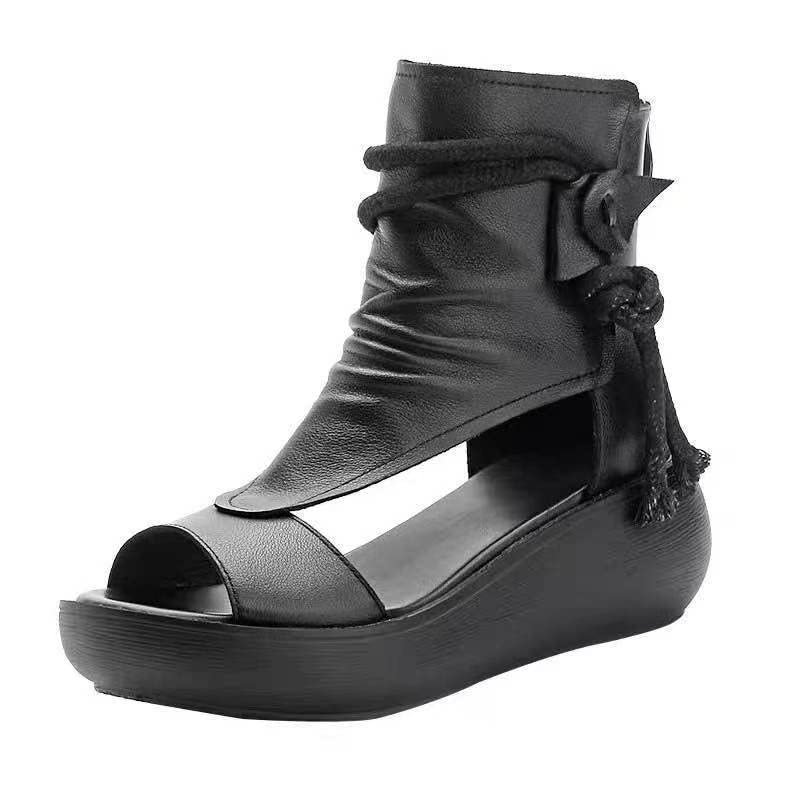 DDWRGD Women's Platform Outdoor Sandal Boots Wedge Bottom Fashion High Top Sandals Open Toe Boot Sandals for Women (Black,4.5)