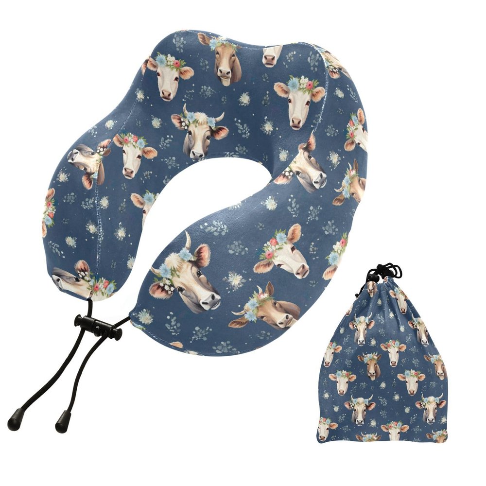 UMIRIKO Travel Pillow Cute Cows Flower Neck Pillow for Travel Car Seelping Bed, Memory Foam U-Shaped Neck Support Pillow 202a7332, 10.5x9.5x6in