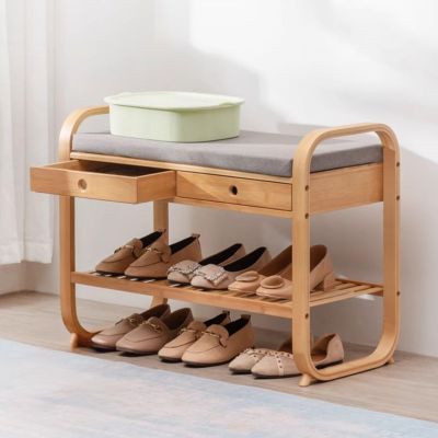 YUGXTH Bamboo Shoe Bench, Entryway Shoe Storage Bench with Seat Cushion, Hidden Drawer and Open Shelves, Multi-Function Shoe Organizer Rack, for Bedroom End of Bed, Living Room, Entryway(41.3"/105cm)