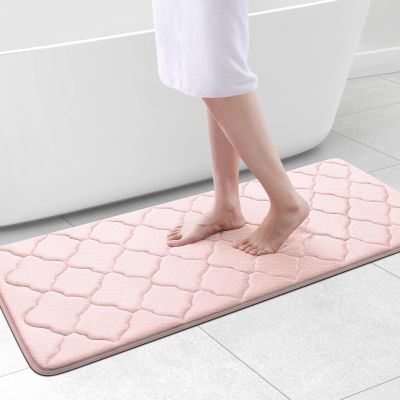 OLANLY Memory Foam Bath Mat Rug 47x20, Ultra Soft and Absorbent Bathroom Rugs, Non-Slip, Comfortable, Machine Washable Bath Carpet for Bathroom Floor, Tub, Shower and Home Decor Accessories, Pink