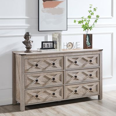 GIAJORYA 54" Wide Rustic Gray Dresser for Bedroom, Grey Wood Dresser with 6 Drawers Storage Cabinet for Livingroom,Gray Farmhouse TV Stand Light Rustic Oak Dresser for Hallway,Farmhouse