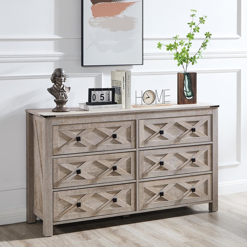 GIAJORYA 54" Wide Rustic Gray Dresser for Bedroom, Grey Wood Dresser with 6 Drawers Storage Cabinet for Livingroom,Gray Farmhouse TV Stand Light Rustic Oak Dresser for Hallway,Farmhouse