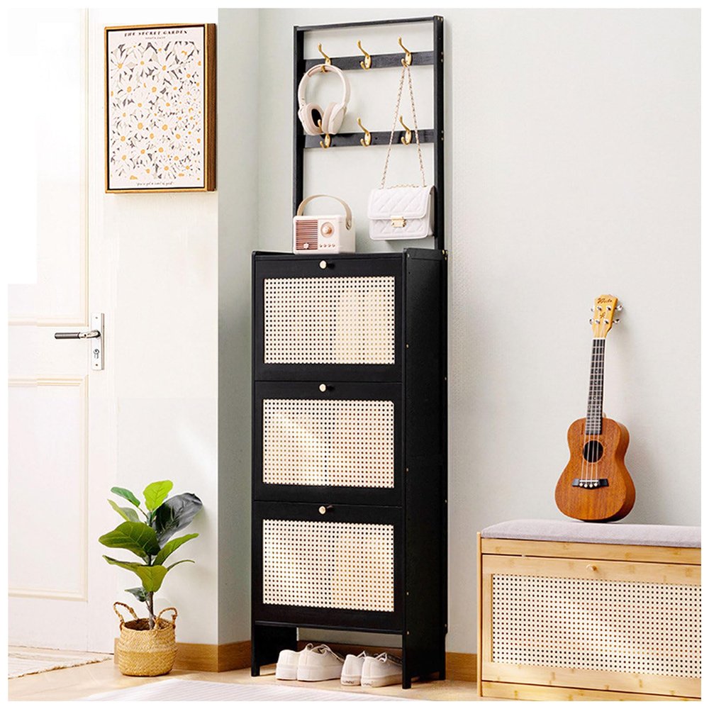 ARMERI Shoe Storage Cabinet for Entryway Slim, Free Standing Shoe Racks for Entryway, 3 Flip Drawers Shoe Organizer, Black Entryway Shoe Storage Organizer, with Double-Row Hooks,18650cm/7320in