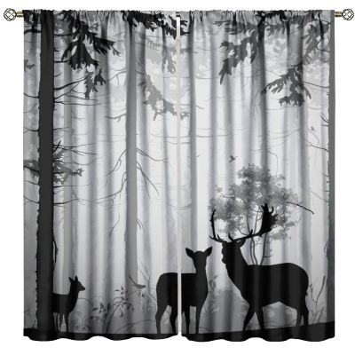 JanJCurt Grey Deer Curtains, Rustic Woodland Misty Foggy Forest Elk Wildlife Vintage Country Cabin Farmhouse Deer Doe and Fawn Print Window Treatments for Bedroom Living Room 63" W X 72" L