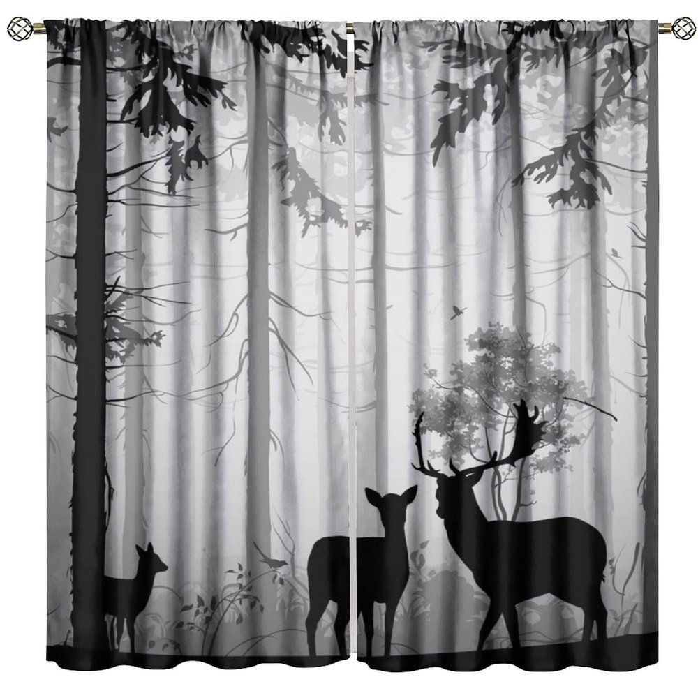 JanJCurt Grey Deer Curtains, Rustic Woodland Misty Foggy Forest Elk Wildlife Vintage Country Cabin Farmhouse Deer Doe and Fawn Print Window Treatments for Bedroom Living Room 63" W X 72" L