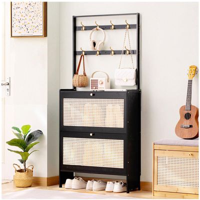ARMERI Shoe Cabinet with 2 Handmade Flip Drawers, Entryway Shoe Rack Storage Organizer, with Double-Row Hooks for Entryway Hallway Doorway, Free Standing Shoe Racks,15270cm/6028in