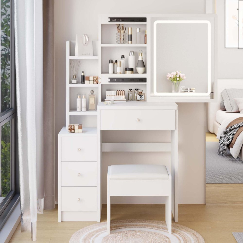 Large Vanity Desk Set with Sliding LED Mirror& Cushioned Stool, 3 Lighting Adjustable Brightness, Makeup Dressing Table with Storage Drawers/Shelves, Gift for Women Girls Bedroom (4 Drawers+White)