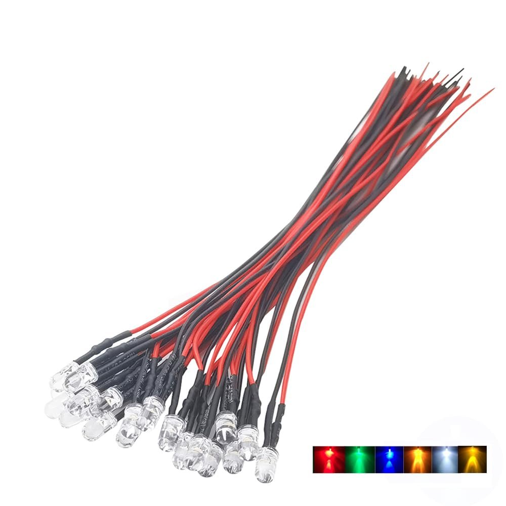 Vrabocry 12V 1.5 Hz Blinking LED Lights Emitting Diodes, Pre Wired 7.9 Inch DC 12 Volt 5mm LED 30pcs (6 Colors x 5pcs) Assorted Kit Clear Lens- White Red Yellow Green Blue Warm White Small LED Lamps