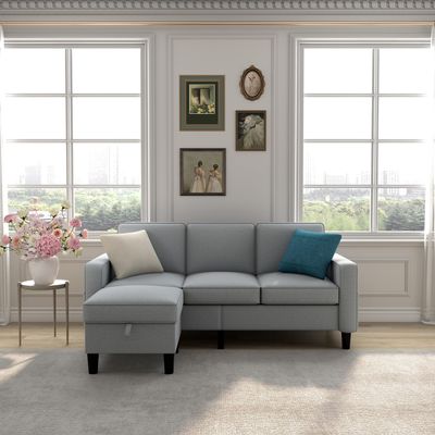 L-Shape Upholstered Sectional Sofa Couch, 3-Seat Modern Beige Cotton Sofa with Reversible Ottoman, 78" Chaise Lounge for Living, Apartment, Compact Space