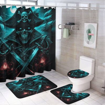 Brebasf Fantasy Skull Watercolor Pirate Ship Shower Curtain Set Bathroom Set Decorative Cool Horror Skull Mid Century Pirate Ship Full Moon 4 Piece Shower Curtain, Toilet Cover, U-Mat, Floor Mat
