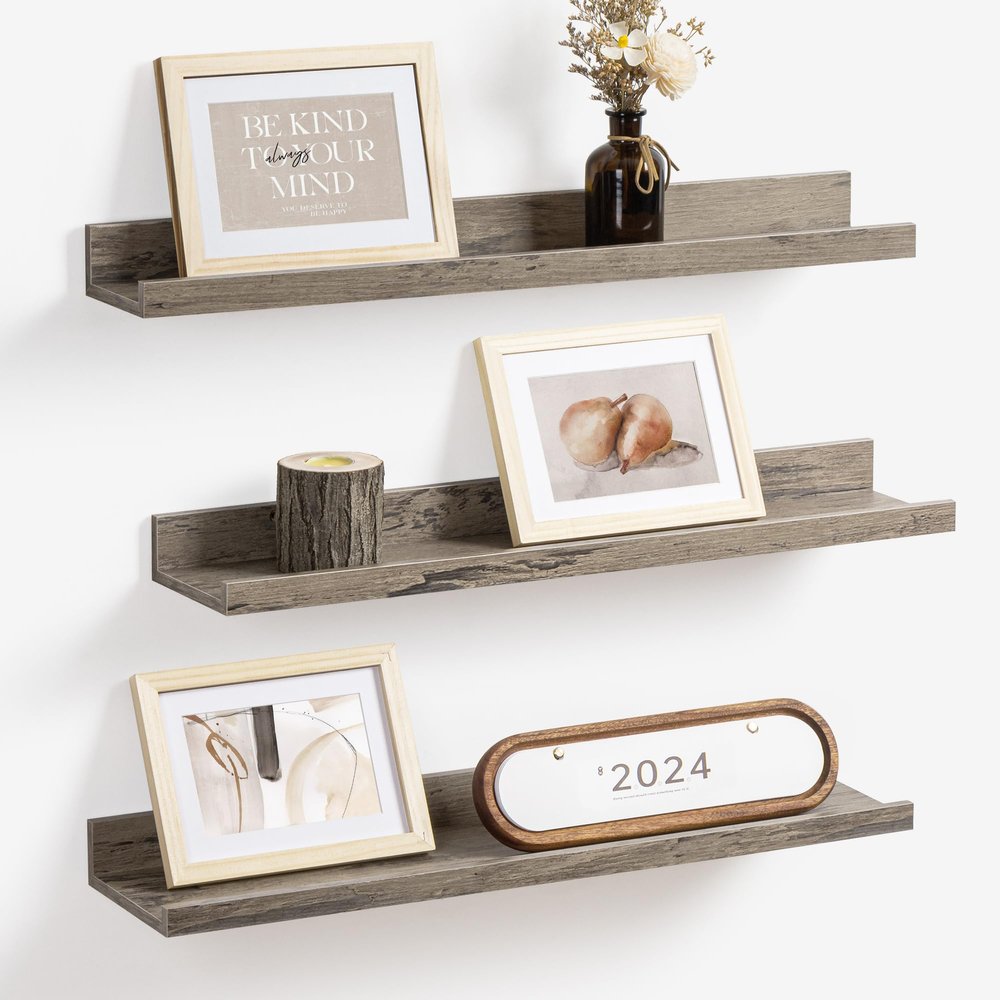 Axeman Picture Ledge Shelf | 24 Inch Grey Floating Shelves Set of 3 | Rustic Grey Wall Shelves with Lip | 24" Picture Shelf for Wall with Ledge | Photo Shelves