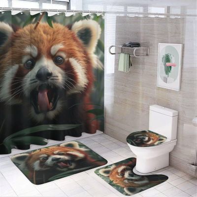 Brebasf Funny Animal Raccoon Print Shower Curtain Set Bathroom Set Decorative Watercolor Spring Forest Cute Wild Animal Raccoon Bamboo Design 4 Piece Shower Curtain, Toilet Cover, U-Mat, Floor Mat