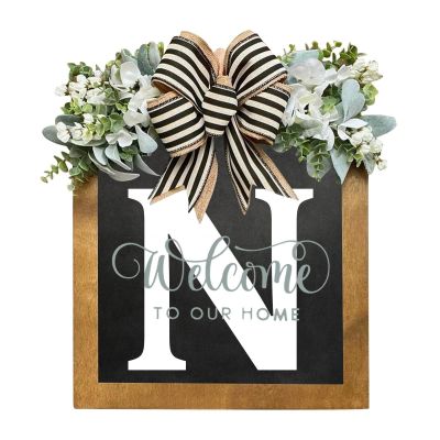 DiveDream Last Name Year Round Front Door Wreath 26 Letter Farmhouse Wreath Wooden Hanging Sign Door Decoration WreathAll Seasons Wreath for Home Indoor Outdoor Decoration (N)