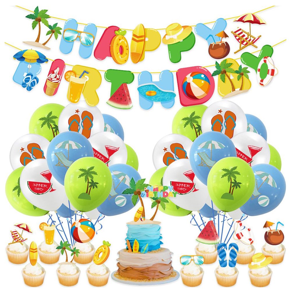 45Pcs Summer Beach Party Decorations Beach Theme Pool Birthday Party Supplies Including Birthday Banner Cake Toppers Balloons Set for Hawaiian Luau Party