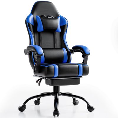 Ergonomic Gaming Chair with Footrest, PU Leather Video Game Chairs for Adults, Reclining Gamer Chair Office Chair with Lumbar Support, Comfortable Computer Chair for Heavy People (Blue)