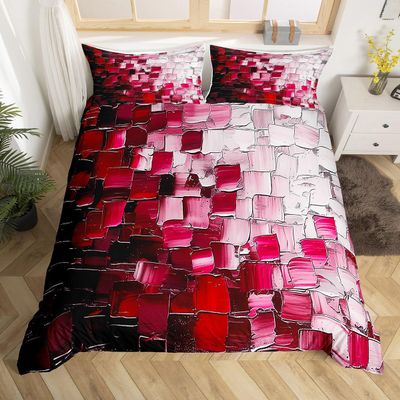 Abstract Squares Kids Duvet Cover Set Twin Size,Geometric Plaids Artwork Patchwork Bedding Set,Girls Boys Women Room Decor,Checkered Paint Modern Comforter Cover,Red White Quilt Cover,1 Pillowcase