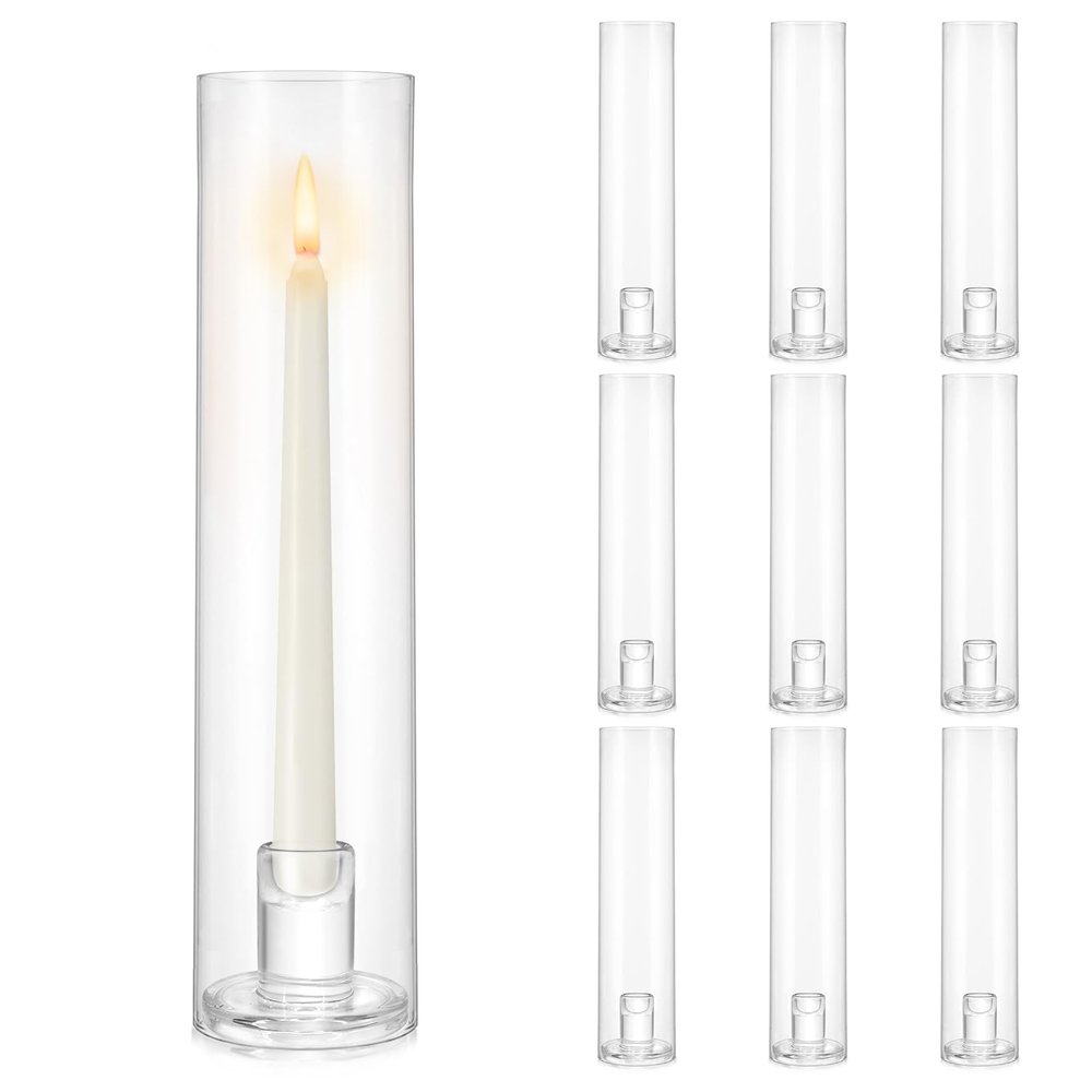 Biuitug Glass Hurricane Candle Holder: 10 Pcs Tapered Candlestick Holders Bulk with Cylinder Sleeves Tall Glass Candle Holder Large Clear Candle Stand for Wedding Birthday Party Christmas Home