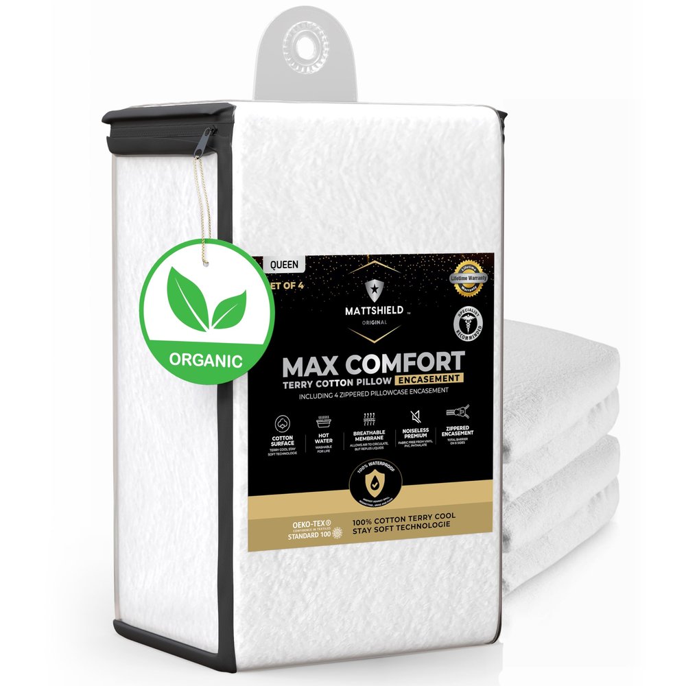 4-Pack MATTSHIELD Max Comfort Pillow Protectors, Queen  Zippered, 100% Waterproof, Organic Cotton Terry Surface, Quiet & Breathable Pillowcase Covers