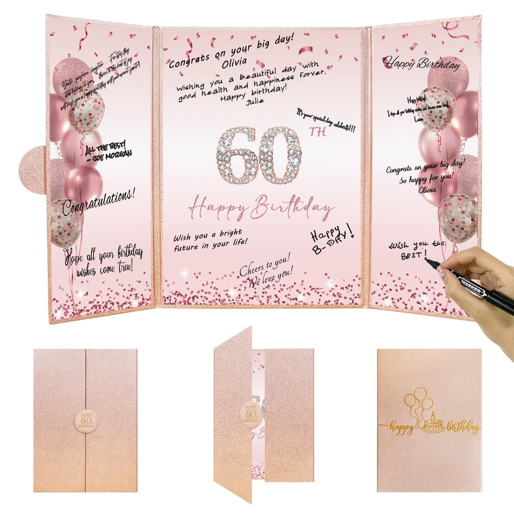 DARUNAXY Rose Gold 60th Birthday Party Decorations, Happy 60th Birthday Alternative Signature Guest Book for Women Pink Cheers to 60 Years Old Gifts 60 Birthday Signing Card Board Party Supplies