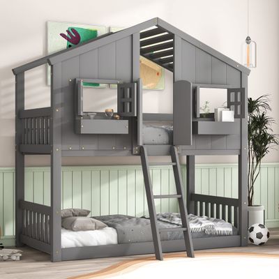 Jintop Twin Over Twin Szie House Bunk Bed with Roof and Window/Sash/Door,Wood House Roof Bunk Bed Frame,w/Safety Guardrails & Ladder,Low Height Design,Slat Support,Grey
