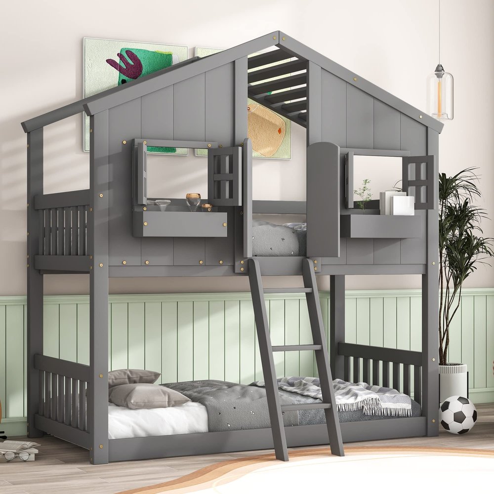 Jintop Twin Over Twin Szie House Bunk Bed with Roof and Window/Sash/Door,Wood House Roof Bunk Bed Frame,w/Safety Guardrails & Ladder,Low Height Design,Slat Support,Grey