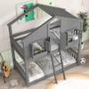 Jintop Twin Over Twin Szie House Bunk Bed with Roof and Window/Sash/Door,Wood House Roof Bunk Bed Frame,w/Safety Guardrails & Ladder,Low Height Design,Slat Support,Grey view 3