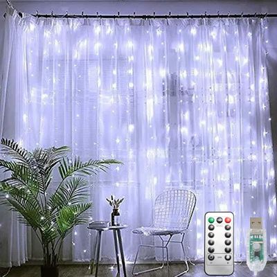 PUHONG Curtain String Lights, 300 LED Fairy Lights with 8 Light Modes, 9.8x9.8Ft Remote Controlled Plug-in Fairy String Lights for Christmas, Bedroom, Indoor, Outdoor, Weddings, Party Decor (White)