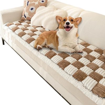 Fuzzy Chic Cotton Protective Couch Cover, Machine Washable & Non-Slip Mat Bed, Cream-Coloured Plaid Pet Mat for Cats & Dogs (Dark Coffee, 27.6*82.7inch)