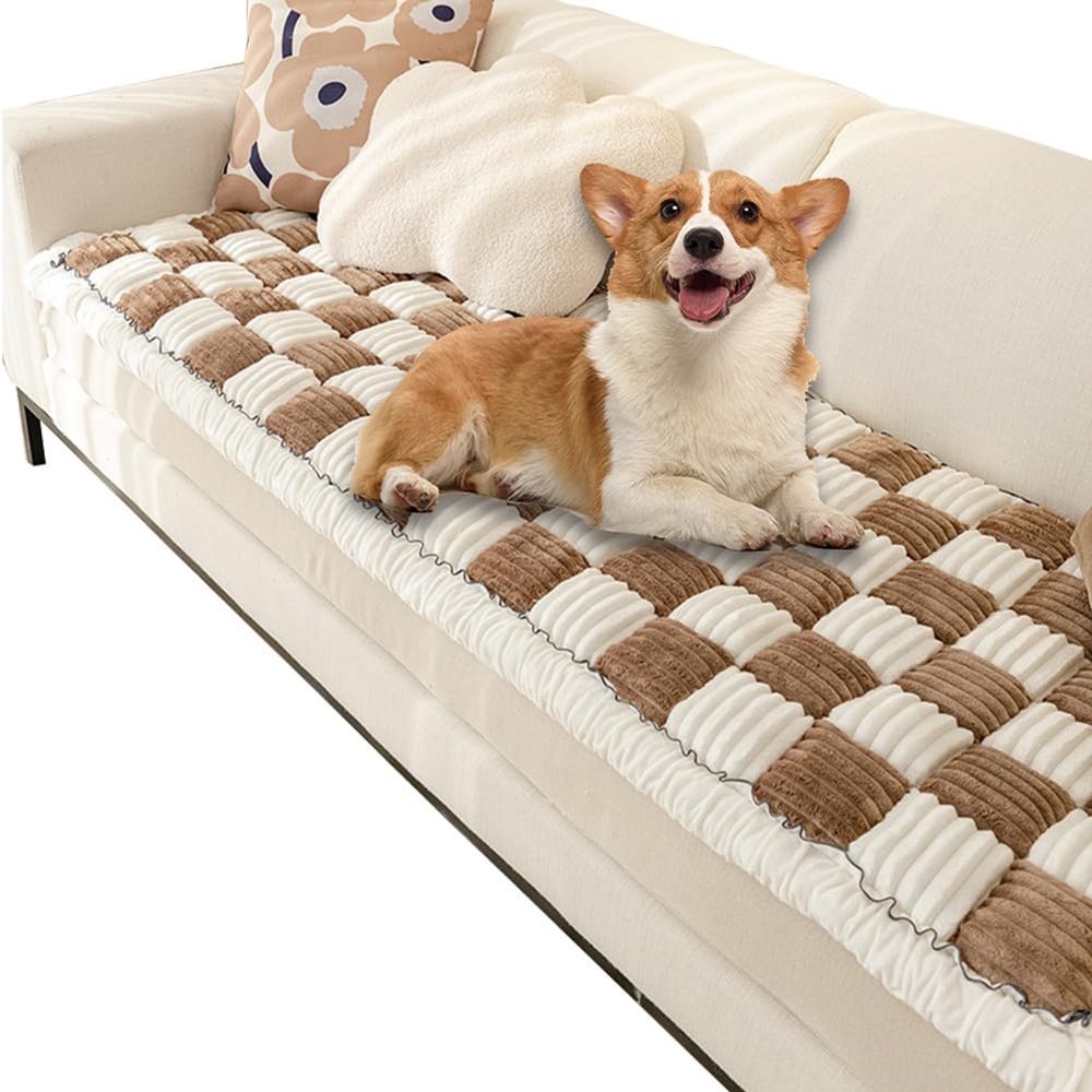 Fuzzy Chic Cotton Protective Couch Cover, Machine Washable & Non-Slip Mat Bed, Cream-Coloured Plaid Pet Mat for Cats & Dogs (Dark Coffee, 27.6*82.7inch)