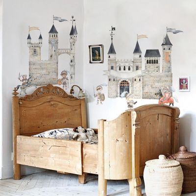 astrkiz Large Watercolor Wall Decals Peel and Stick, Self Adhesive Vintage Wall Stickers for Kids Bedroom Playroom Nursery Room Wall Art Decor Decal, Knight Assembled Castle Wall Mural