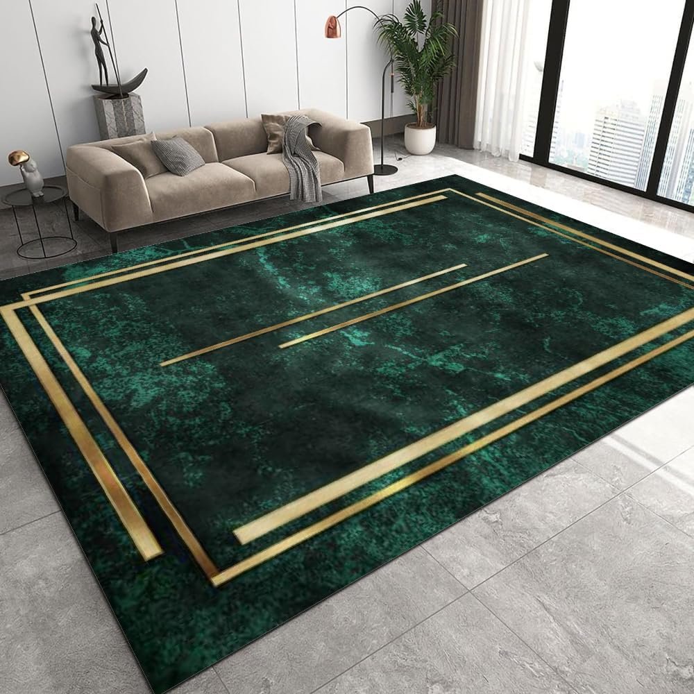 3x6 Runner Carpet Jade Green Golden Geometric Lines Nursery Room Carpet, Vintage Emerald Green Marble Playroom Rugs Absorbent Washable for Hallway Home Office Kitchen Laundry Room