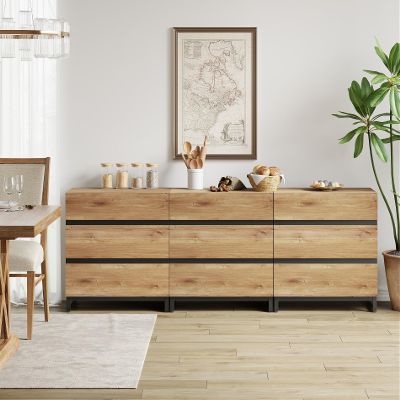 WAMPAT Multifunctional Buffet Sideboards, 3 in 1 Modern Sideboard with 9 Drawers and Metal Base, Storage Cabinet for Kitchen, Coffee Bar Cabinet for Dining Room,Oak
