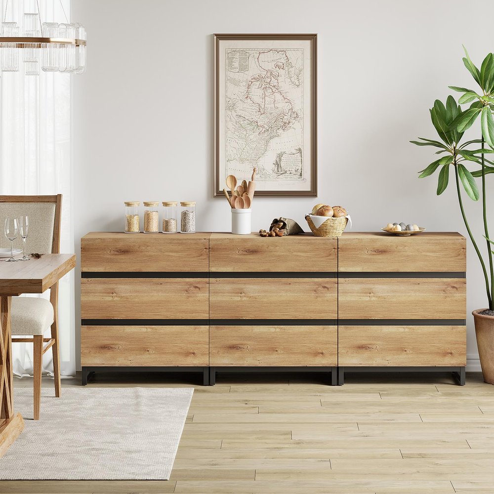 WAMPAT Multifunctional Buffet Sideboards, 3 in 1 Modern Sideboard with 9 Drawers and Metal Base, Storage Cabinet for Kitchen, Coffee Bar Cabinet for Dining Room,Oak