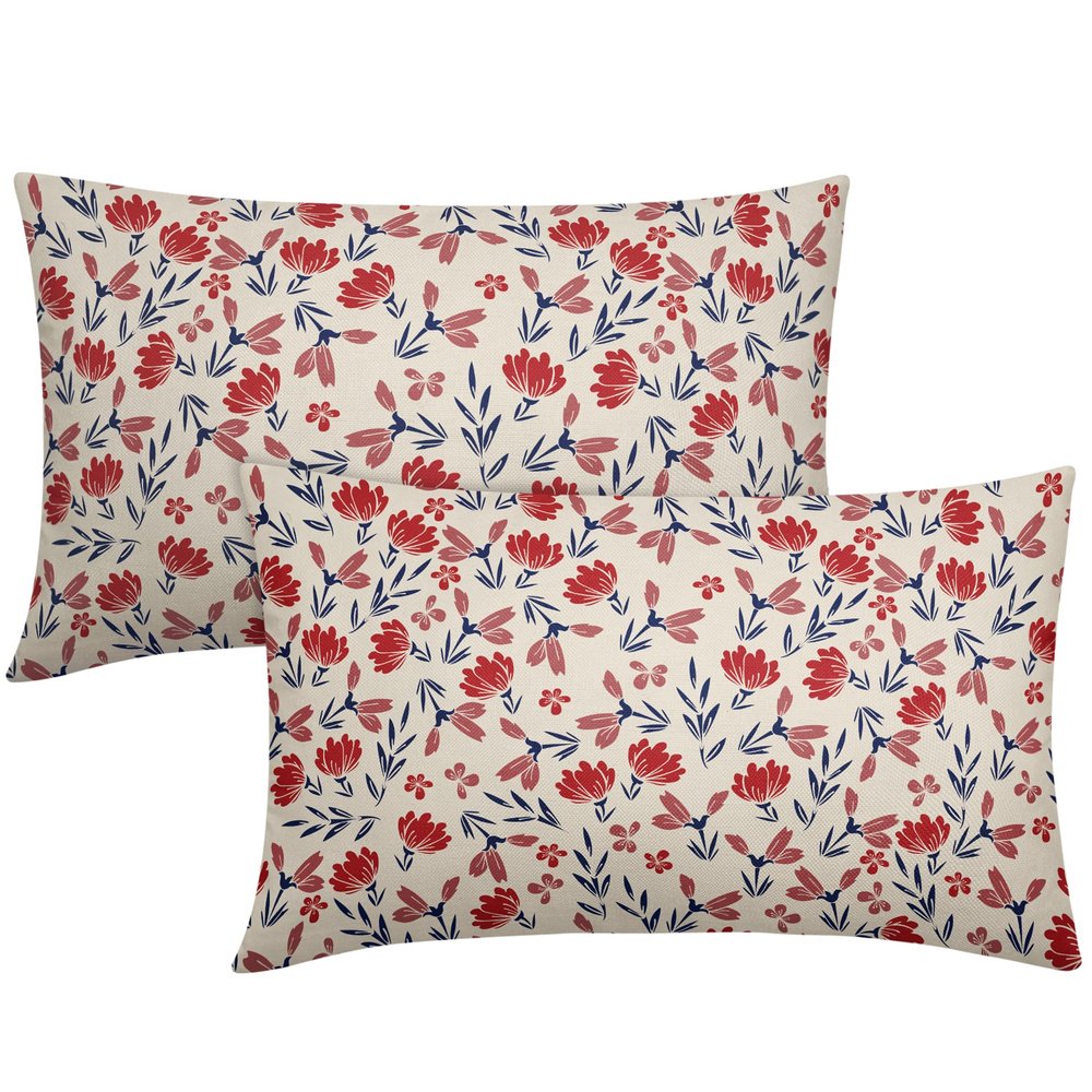 4th of July Floral Pillow Covers 12x20 Set of 2 Rustic Old Style Navy Blue Red Flower Print Rectangle Decorative Outdoor Pillowcases Patriotic Farmhouse Throw Cushion Case Decor for Couch Sofa Bed