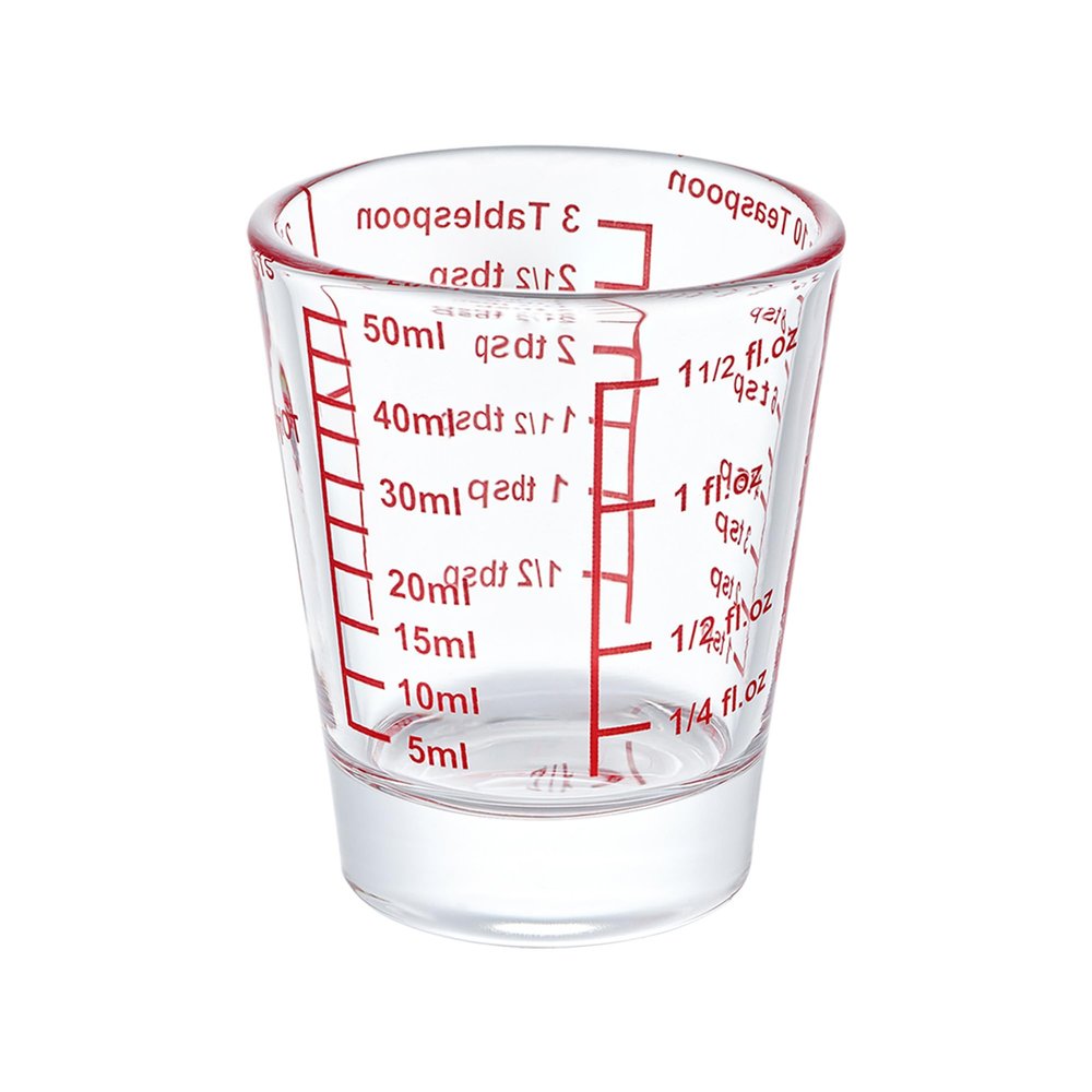 Ackers Mini Measure Heavy Glass, 32-Incremental Measurements Multi-Purpose Liquid and Dry Measuring Shot Glass, Red Single