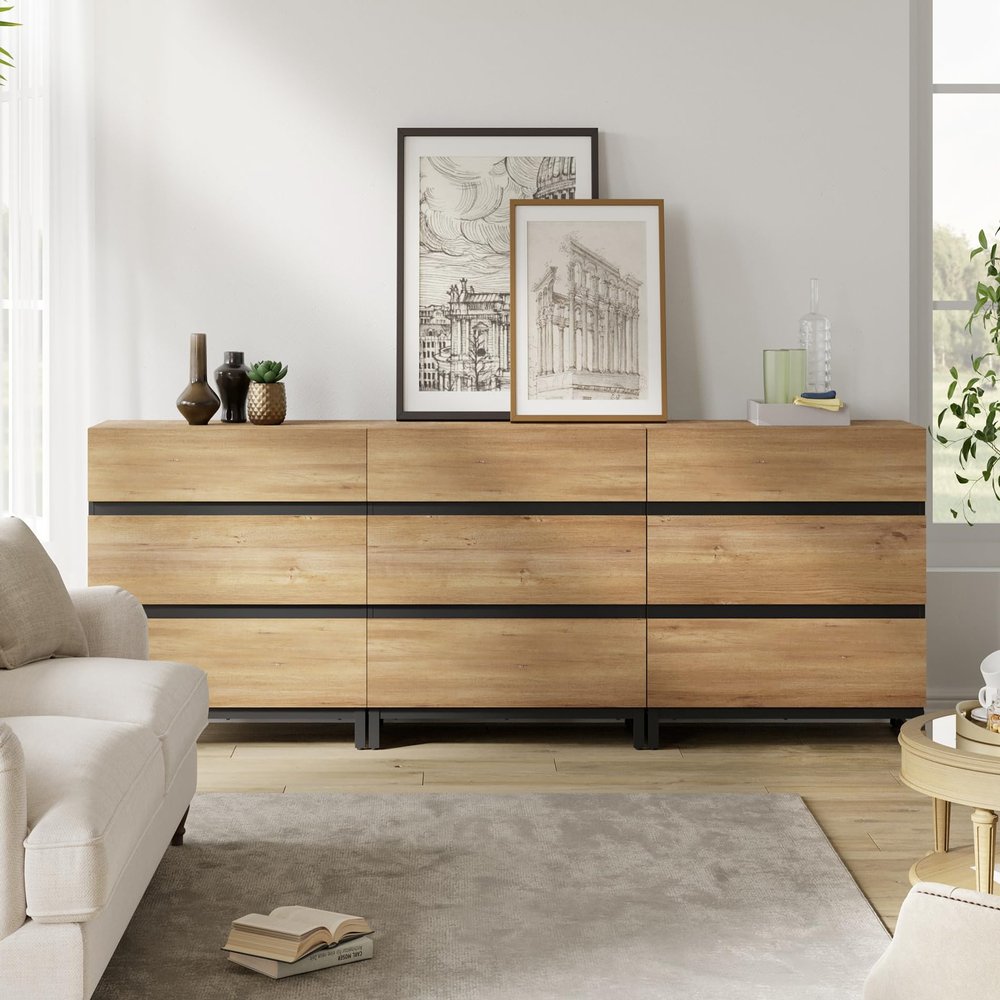 WAMPAT Dresser for Bedroom, Closet Organizers and Storage with 9 Drawers, Chest of Drawers with Metal Base, Wooden Modern Dresser for Living Room, Bedroom, Entryway, Oak