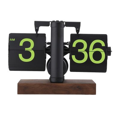 Digital Flip Clock, 12h Single Sided Large Numbers Automatic Retro Mechanical Flip Clock Wood Base for Home Office (Frosted Black Frame Green Page)