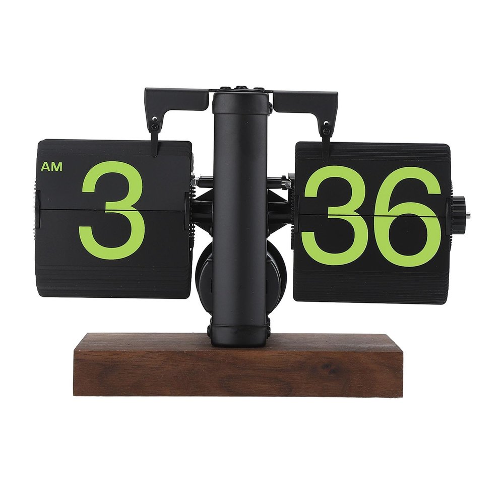 Digital Flip Clock, 12h Single Sided Large Numbers Automatic Retro Mechanical Flip Clock Wood Base for Home Office (Frosted Black Frame Green Page)