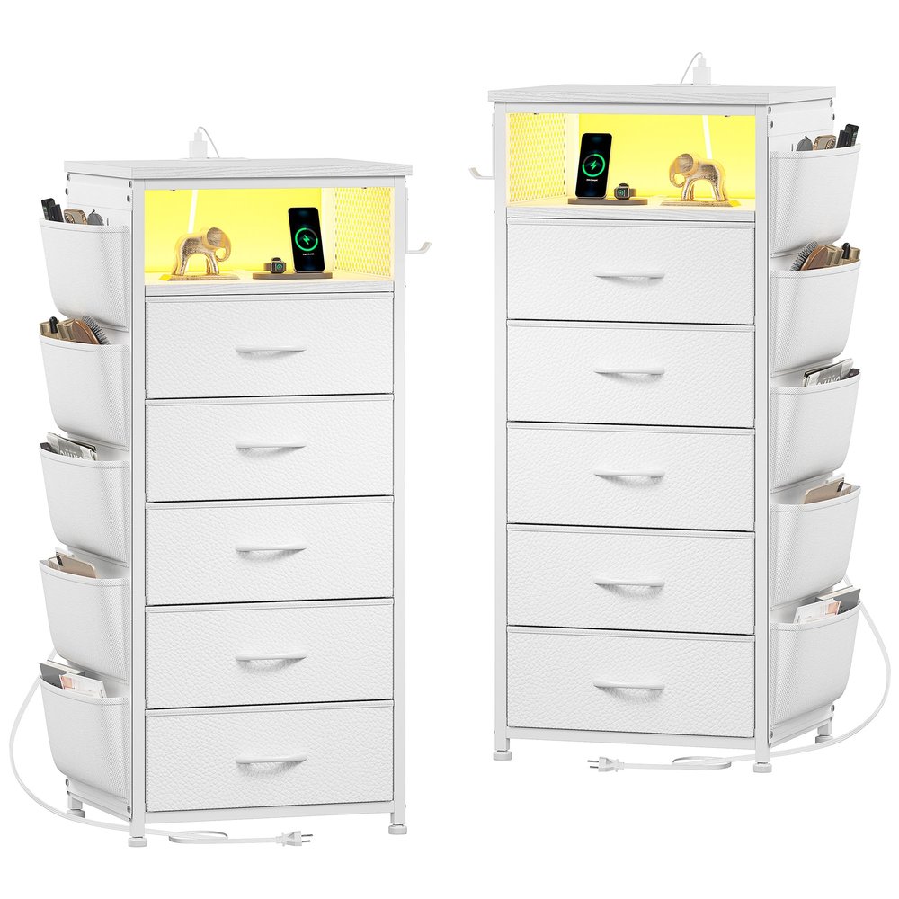 EnHomee Tall Night Stand Set 2 with 5 Drawers, LED Nightstand with Ports & Outlets, White Dresser with Extra Side Bag & Storage Shelf & Hooks, Bedroom, Dorm, Closet