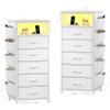 EnHomee Tall Night Stand Set 2 with 5 Drawers, LED Nightstand with Ports & Outlets, White Dresser with Extra Side Bag & Storage Shelf & Hooks, Bedroom, Dorm, Closet view 1