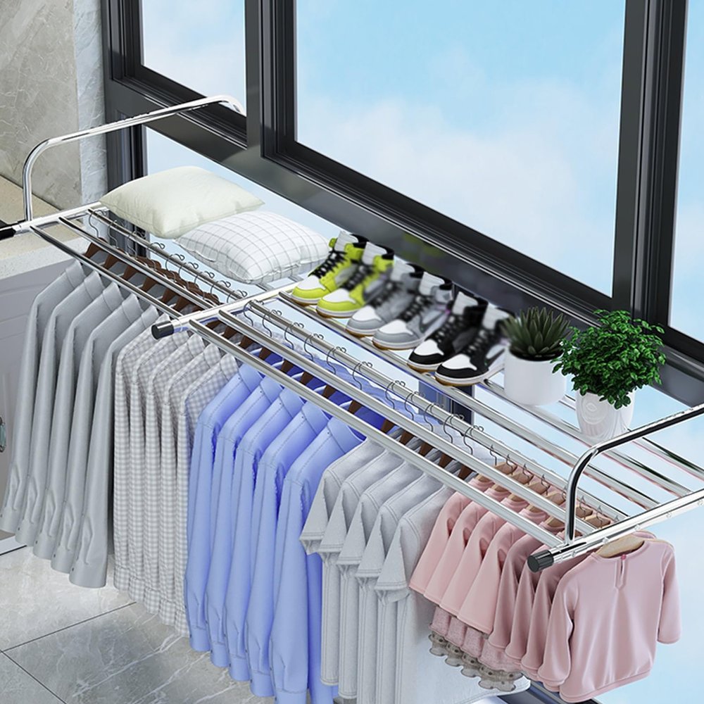 Radiator Clothes Airer Rack, Stainless Steel Extendable Foldable AirerPortable Clothes Drying Rack For Balcony Railings Windowsill, Adjustable Arms Folding Clothes Drying Rail Rack ( Color : Silver ,