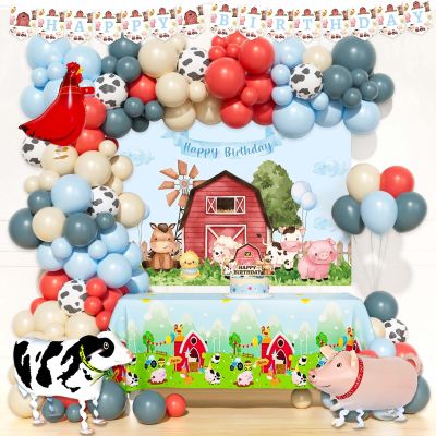 Party Inspo Farm Birthday Decorations for Boy, 137 PCs Farm Animal Themed Birthday Party Supplies with Blue Barnyard Backdrop, Balloon Garland, Cow Pig Rooster Walking Balloons, Cake Topper
