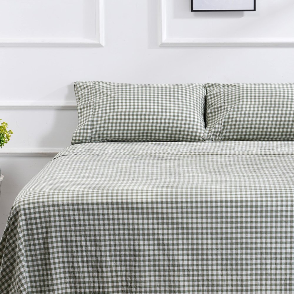 100% Cotton Full Sheet Set - 4 Piece Cotton Sheets Full Size Bed Set, Soft, Smooth, Durable, Easy Care, 16" Deep Pocket Checkered Green Sheets - 1 Flat, 1 Fitted, 2 Pillowcases