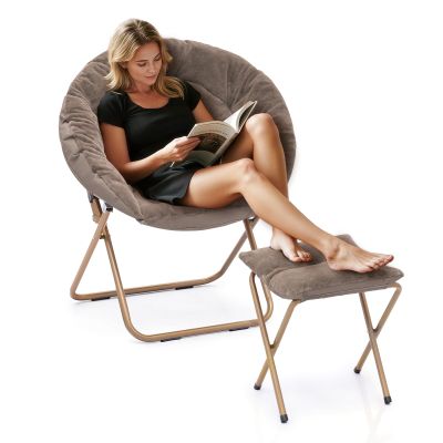 Athena Collection Saucer Chair with Ottoman Comfy Chair for Bed Room Living Room Folding Round Cozy Chair Faux Fur Metal Frame Foldable Lazy Chair Accent Chair Reading Chair, Brown