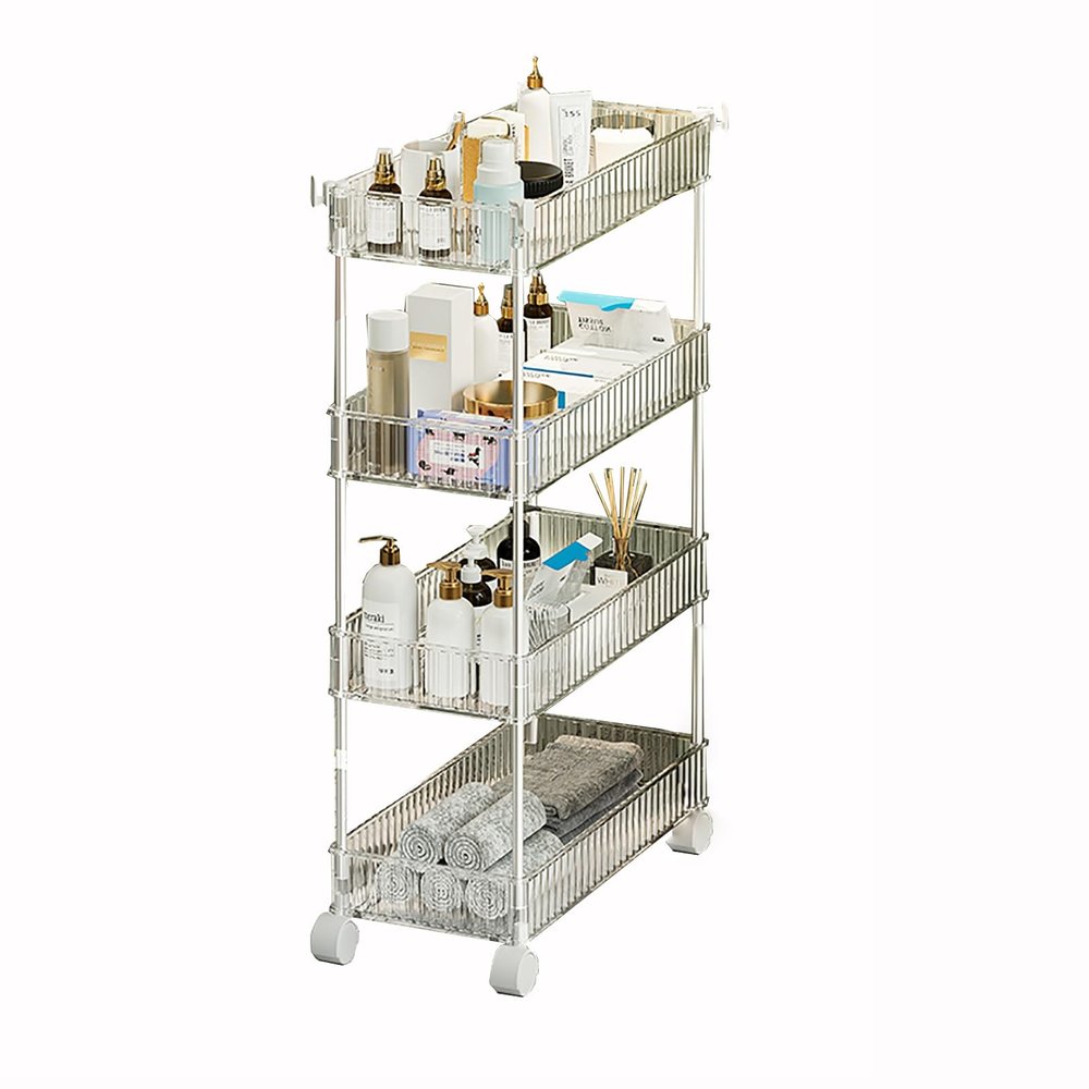 3/4 Tier Clear Bathroom Organizer Slim Rolling Cart, Rolling Storage Utility Cart, Mobile Shelving Unit Organizer With Wheels, Gap Storage Tower Rack For Kitchen Bathroom Laundry Narrow Places ( Size